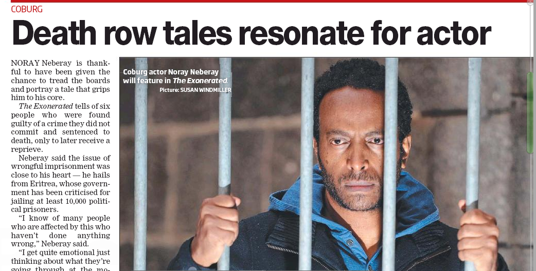 Newspaper clipping: 'Death row tales resonate for actor' featuring Coburg actor Noray Neberay in The Exonerated